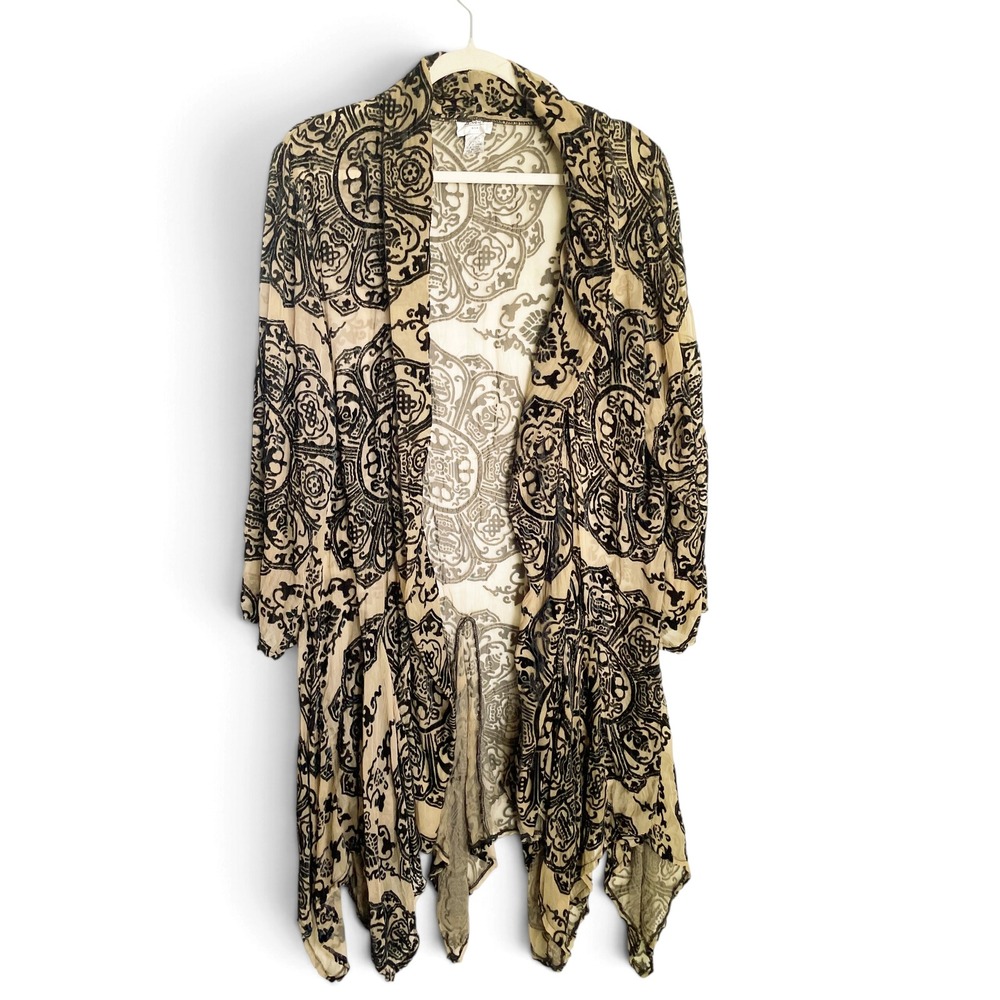 Aris A Black Cream Kimono Long Beaded Velvet Burnout Handkerchief Hem S Boho